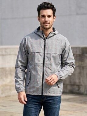 Denver Hayes Men’s Windbreaker Jacket Plaid Grey Hooded Outdoor Jacket Medium